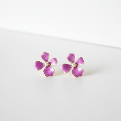 Purple Enamel Flower Stud Earrings | Gold - Edged Floral Earrings with Pearl Centre - ZI FASHION