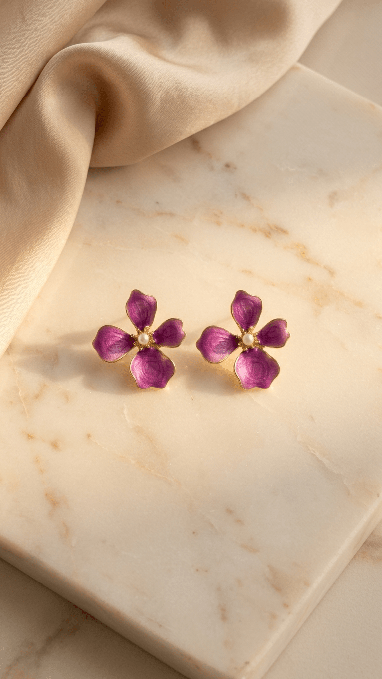 Purple Enamel Flower Stud Earrings | Gold - Edged Floral Earrings with Pearl Centre - ZI FASHION
