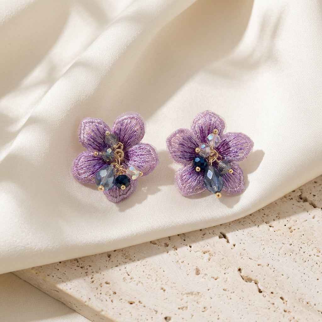 Purple Fabric Flower Cluster Stud Earrings | Soft Petal Statement Earrings for Women - ZI FASHION
