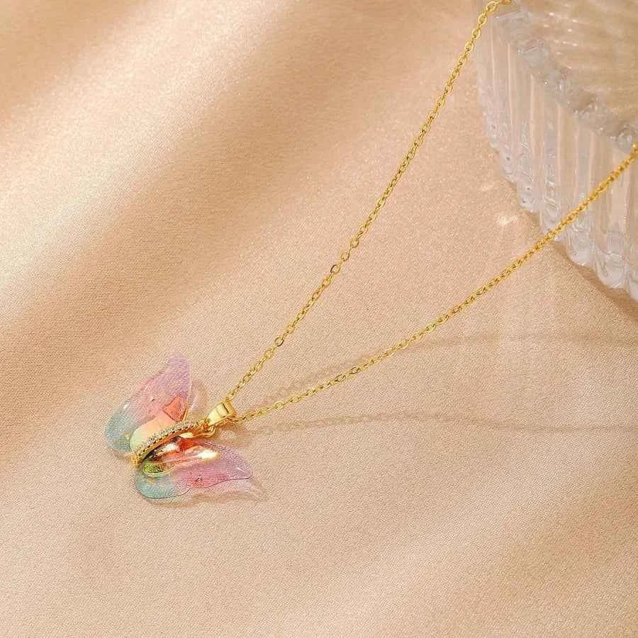 Rainbow Butterfly Pendant Necklace | 18K Gold Plated Resin Butterfly Necklace - ZI FASHION