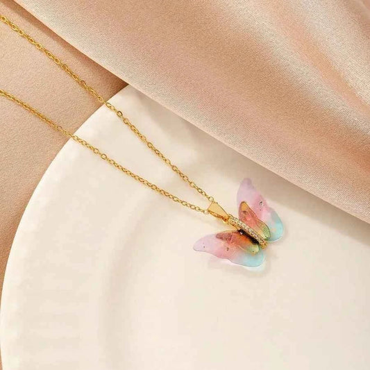 Rainbow Butterfly Pendant Necklace | 18K Gold Plated Resin Butterfly Necklace - ZI FASHION