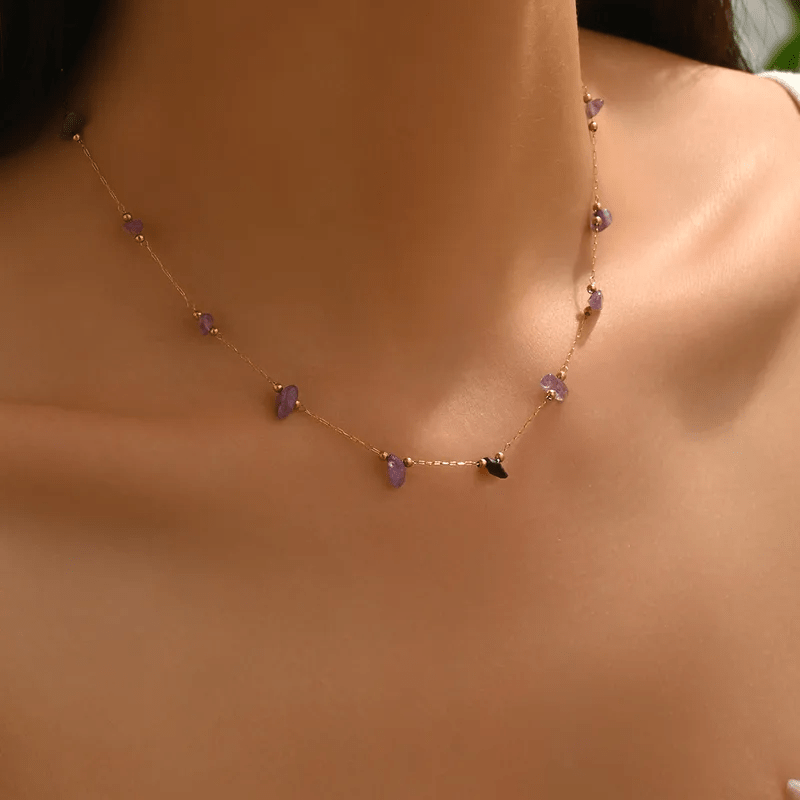 Rainbow Crystal Chip Stone Gold Chain Necklace — 18K Gold Plated Natural Gemstone Clavicle Necklace | Boho Layering Necklace - ZI FASHION