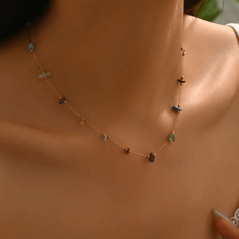 Rainbow Crystal Chip Stone Gold Chain Necklace — 18K Gold Plated Natural Gemstone Clavicle Necklace | Boho Layering Necklace - ZI FASHION