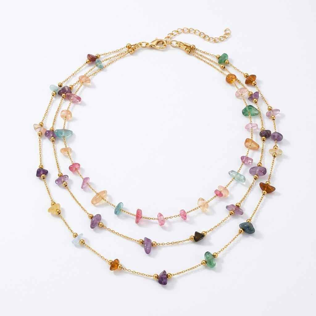 Rainbow Crystal Chip Stone Gold Chain Necklace — 18K Gold Plated Natural Gemstone Clavicle Necklace | Boho Layering Necklace - ZI FASHION
