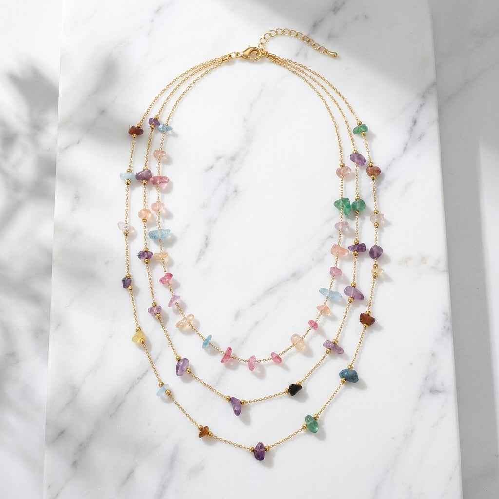 Rainbow Crystal Chip Stone Gold Chain Necklace — 18K Gold Plated Natural Gemstone Clavicle Necklace | Boho Layering Necklace - ZI FASHION