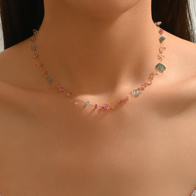 Rainbow Crystal Chip Stone Gold Chain Necklace — 18K Gold Plated Natural Gemstone Clavicle Necklace | Boho Layering Necklace - ZI FASHION