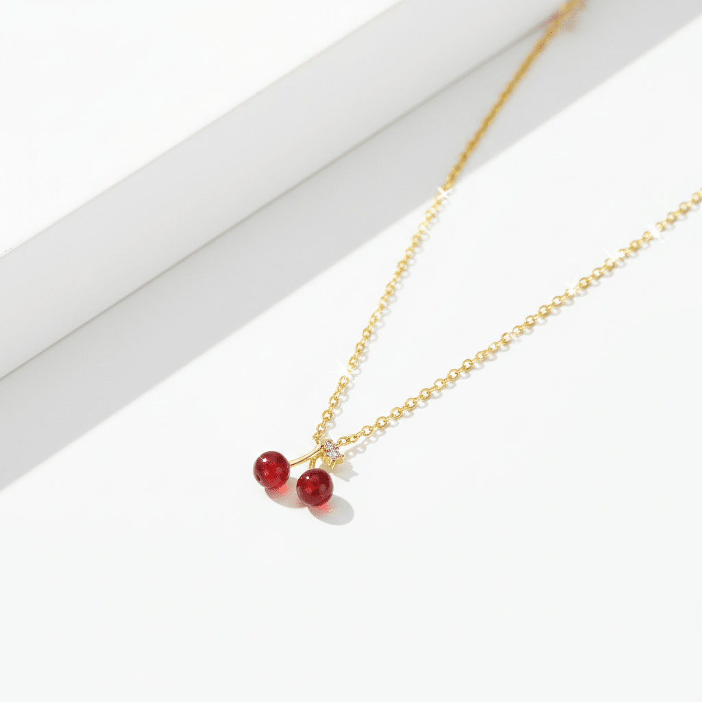 Red Cherry Pendant Necklace | Gold Stainless Steel Dainty Fruit Necklace - ZI FASHION