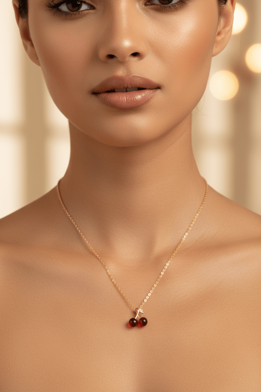 Red Cherry Pendant Necklace | Gold Stainless Steel Dainty Fruit Necklace - ZI FASHION