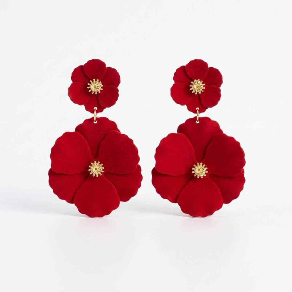 Red Double Poppy Flower Drop Earrings — Matte Resin - ZI FASHION