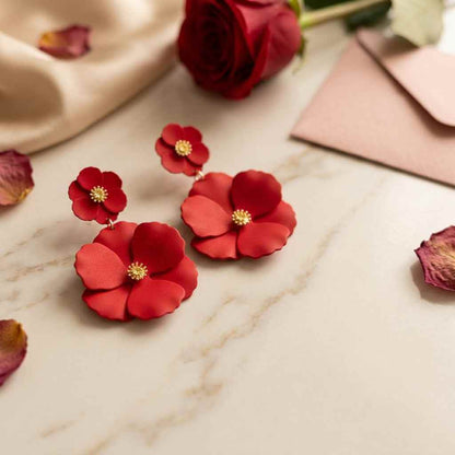 Red Double Poppy Flower Drop Earrings — Matte Resin - ZI FASHION