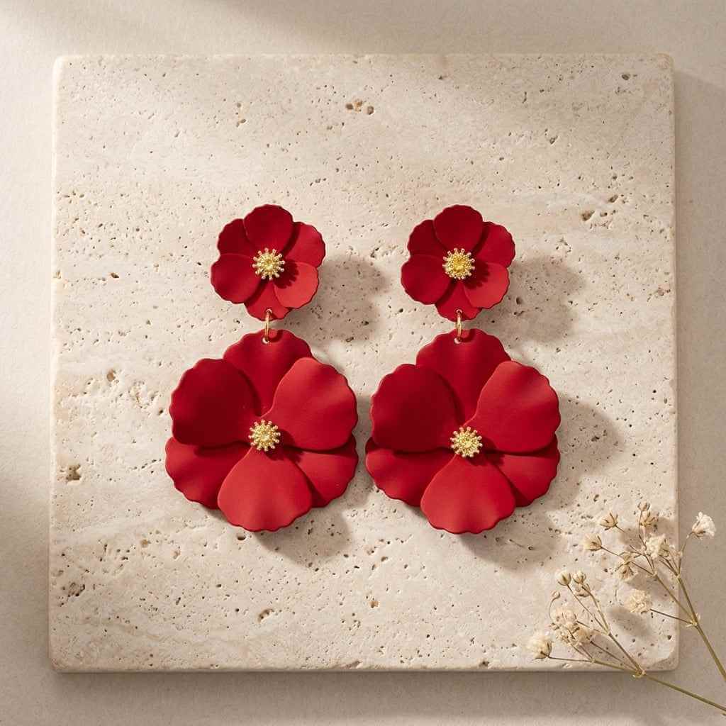 Red Double Poppy Flower Drop Earrings — Matte Resin - ZI FASHION