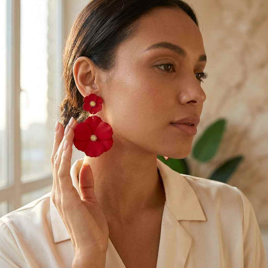 Red Double Poppy Flower Drop Earrings — Matte Resin - ZI FASHION