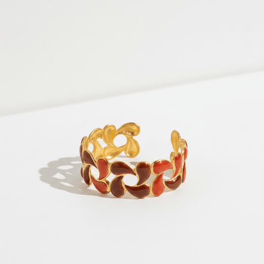 Red Enamel Chain - Link Gold Cuff Bangle | 18K Gold Plated Water Drop Heart Shape Statement Bangle - ZI FASHION