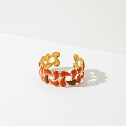 Red Enamel Chain - Link Gold Cuff Bangle | 18K Gold Plated Water Drop Heart Shape Statement Bangle - ZI FASHION
