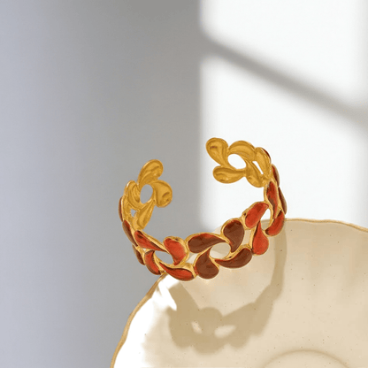 Red Enamel Chain - Link Gold Cuff Bangle | 18K Gold Plated Water Drop Heart Shape Statement Bangle - ZI FASHION