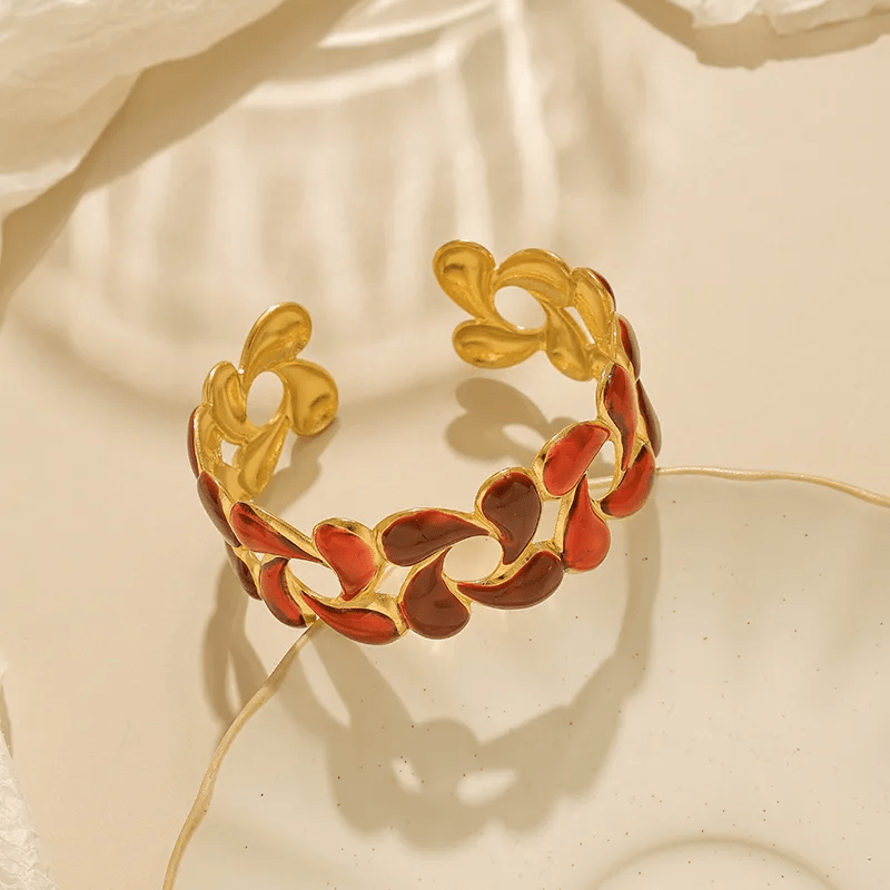 Red Enamel Chain - Link Gold Cuff Bangle | 18K Gold Plated Water Drop Heart Shape Statement Bangle - ZI FASHION