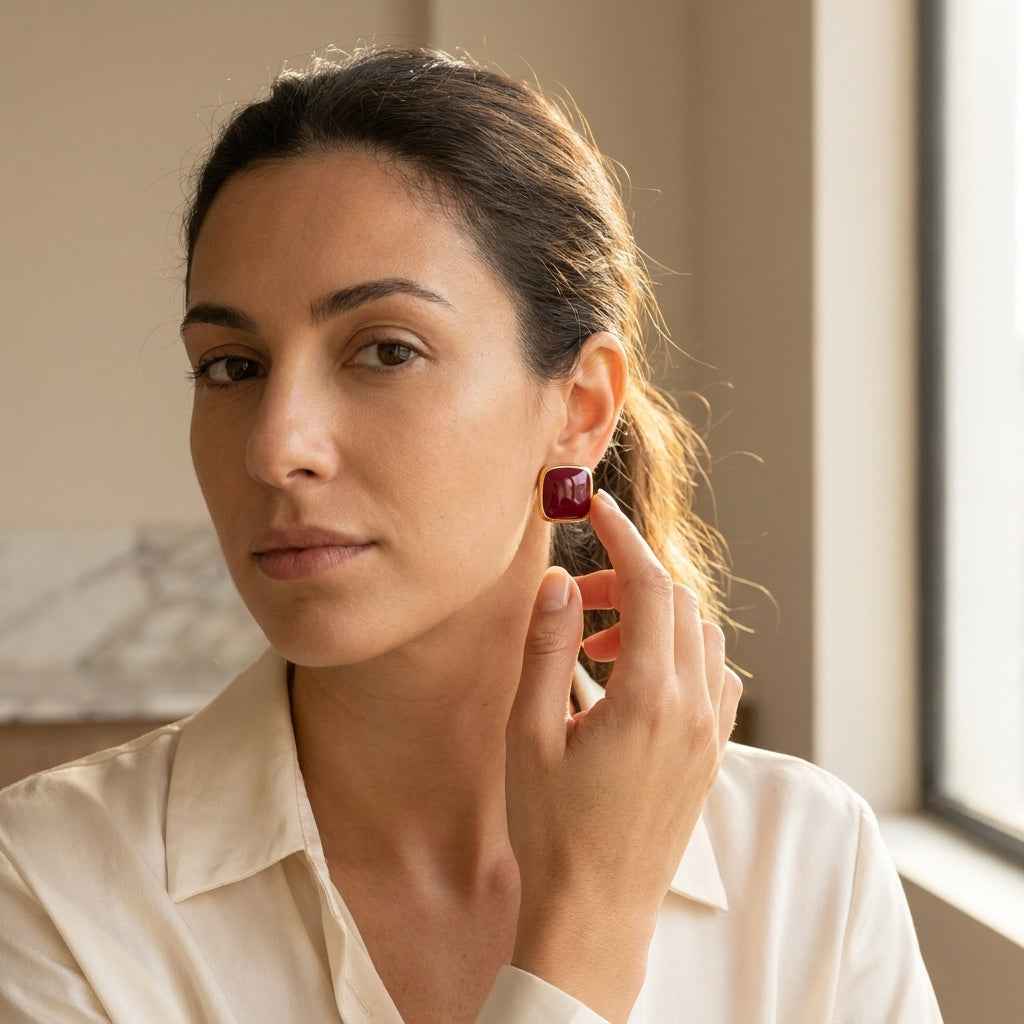 Red Enamel Square Stud Earrings | Minimalist Gold Geometric Earrings for Women - ZI FASHION