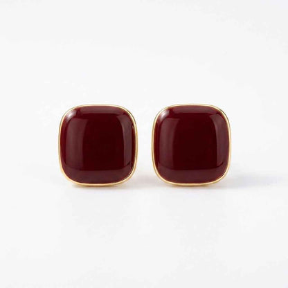 Red Enamel Square Stud Earrings | Minimalist Gold Geometric Earrings for Women - ZI FASHION