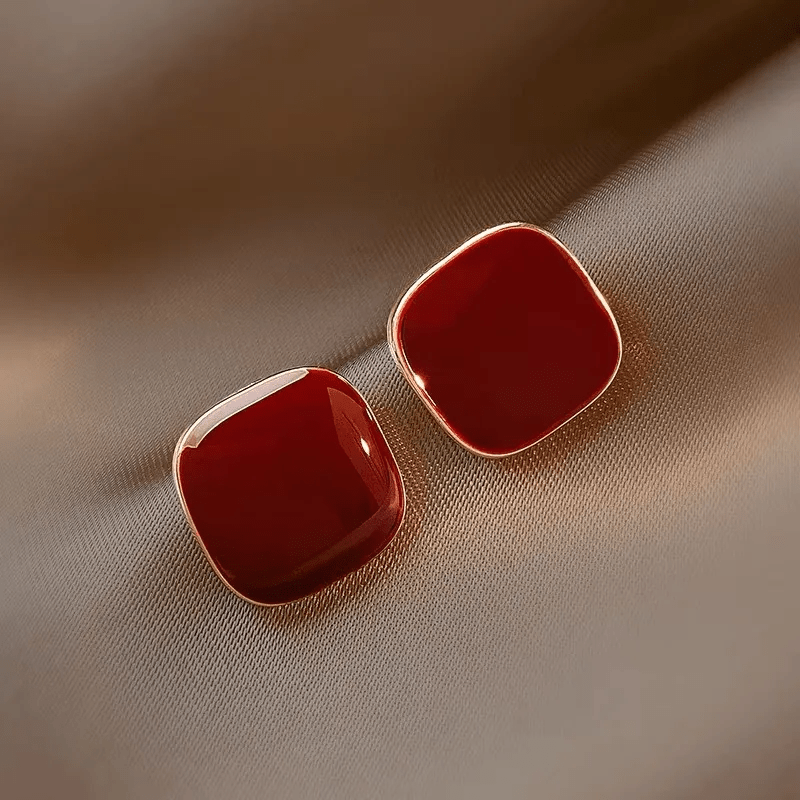 Red Enamel Square Stud Earrings | Minimalist Gold Geometric Earrings for Women - ZI FASHION