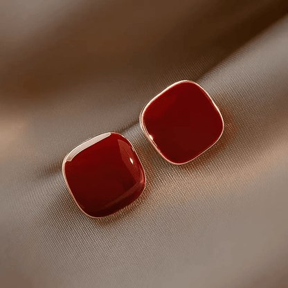 Red Enamel Square Stud Earrings | Minimalist Gold Geometric Earrings for Women - ZI FASHION