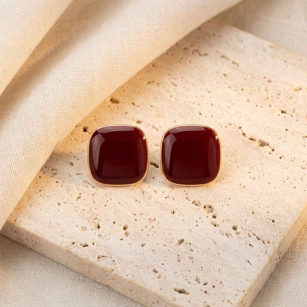 Red Enamel Square Stud Earrings | Minimalist Gold Geometric Earrings for Women - ZI FASHION