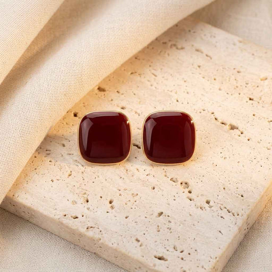 Red Enamel Square Stud Earrings | Minimalist Gold Geometric Earrings for Women - ZI FASHION