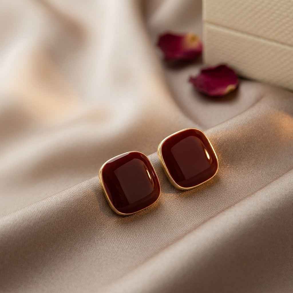 Red Enamel Square Stud Earrings | Minimalist Gold Geometric Earrings for Women - ZI FASHION