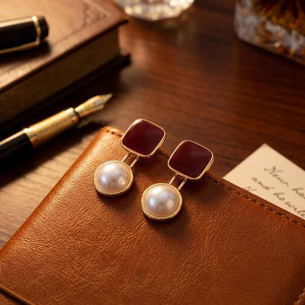 Red Square & Pearl Drop Earrings | Vintage Gold Geometric Dangle Earrings - ZI FASHION