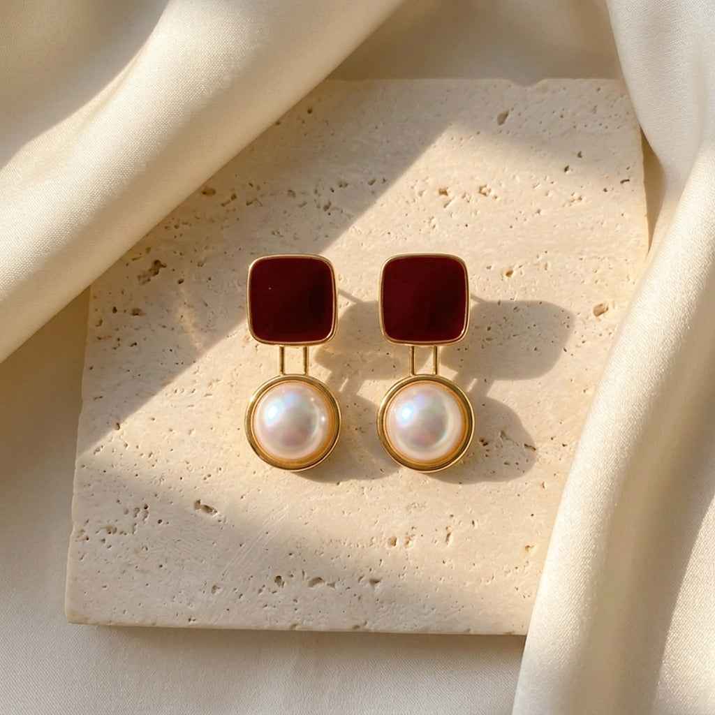 Red Square & Pearl Drop Earrings | Vintage Gold Geometric Dangle Earrings - ZI FASHION