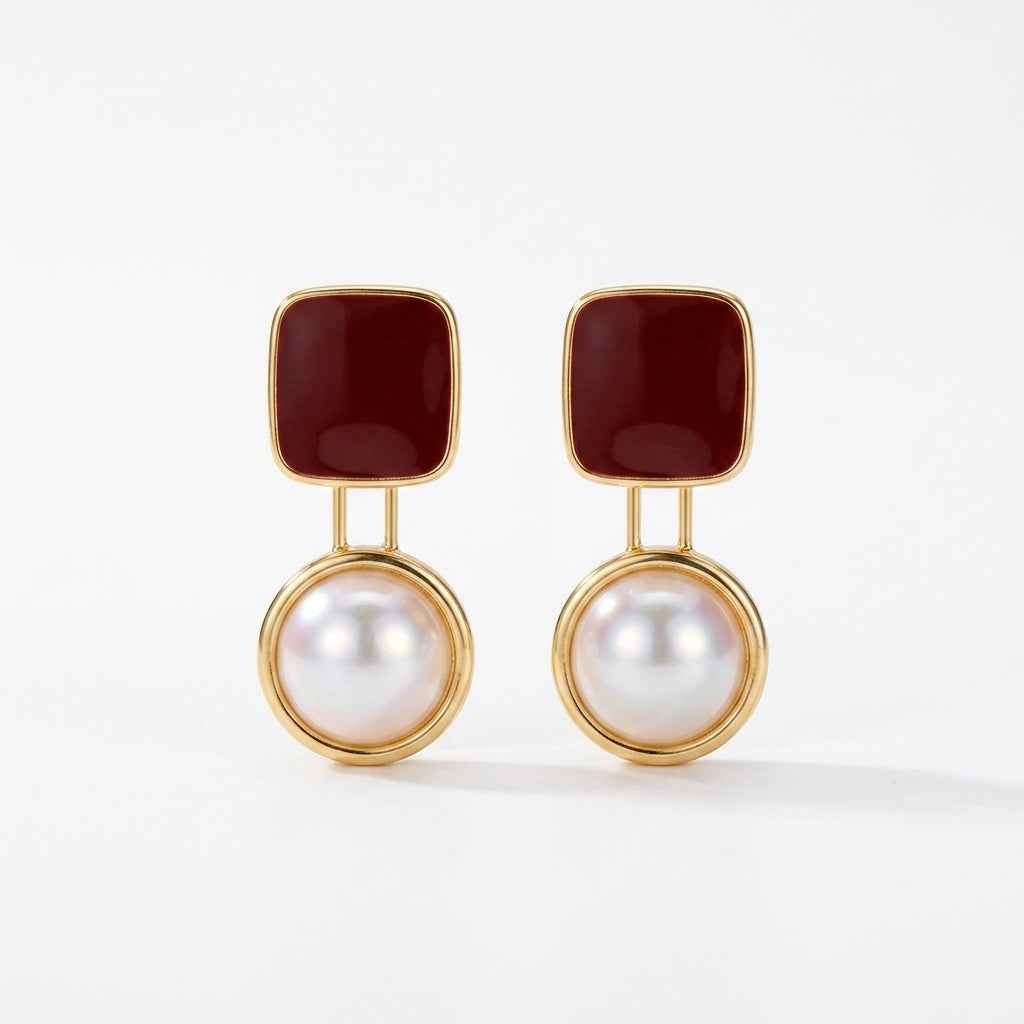 Red Square & Pearl Drop Earrings | Vintage Gold Geometric Dangle Earrings - ZI FASHION