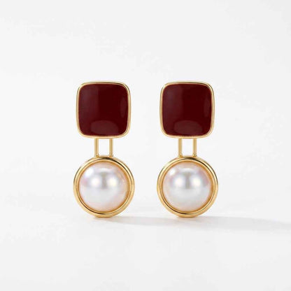 Red Square & Pearl Drop Earrings | Vintage Gold Geometric Dangle Earrings - ZI FASHION