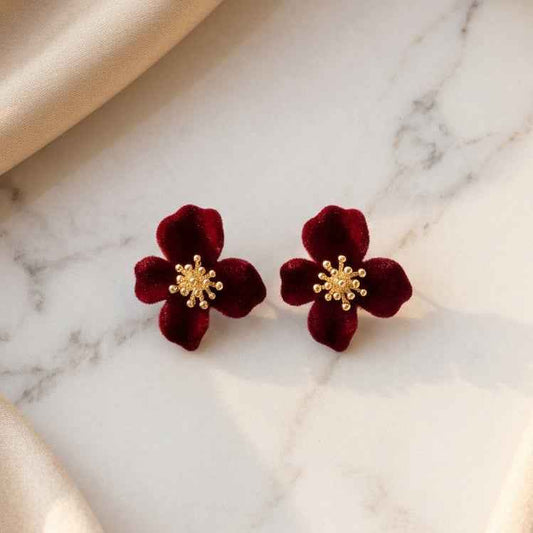 Red Velvet Flower Stud Earrings | Gold Stamen - ZI FASHION