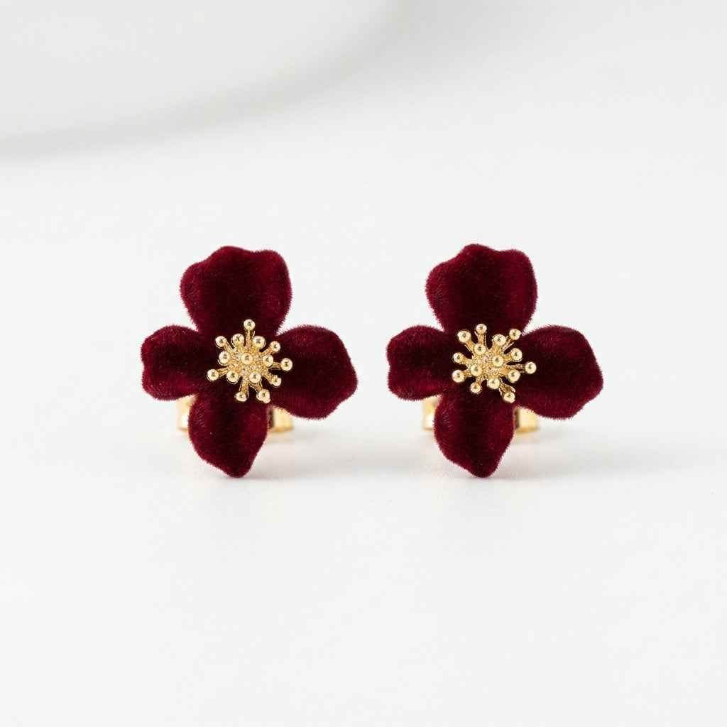 Red Velvet Flower Stud Earrings | Gold Stamen - ZI FASHION