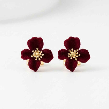Red Velvet Flower Stud Earrings | Gold Stamen - ZI FASHION