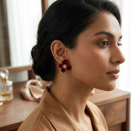 Red Velvet Flower Stud Earrings | Gold Stamen - ZI FASHION