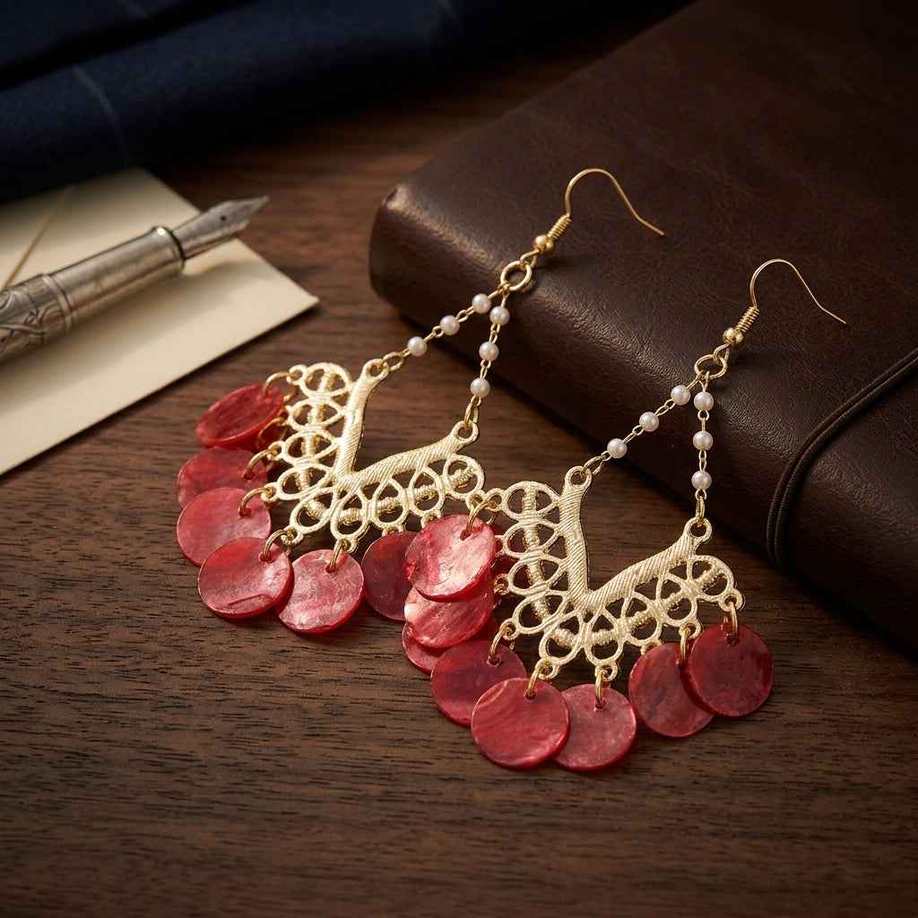 Resort Style Red Shell Tassel Drop Earrings | Handmade Bohemian Gold Pearl Chain Chandelier Earrings - ZI FASHION