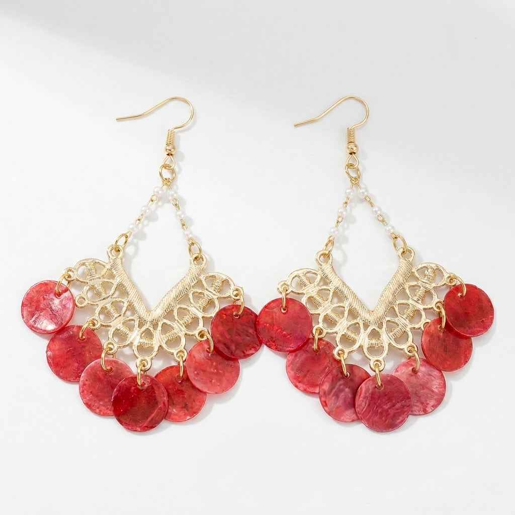 Resort Style Red Shell Tassel Drop Earrings | Handmade Bohemian Gold Pearl Chain Chandelier Earrings - ZI FASHION