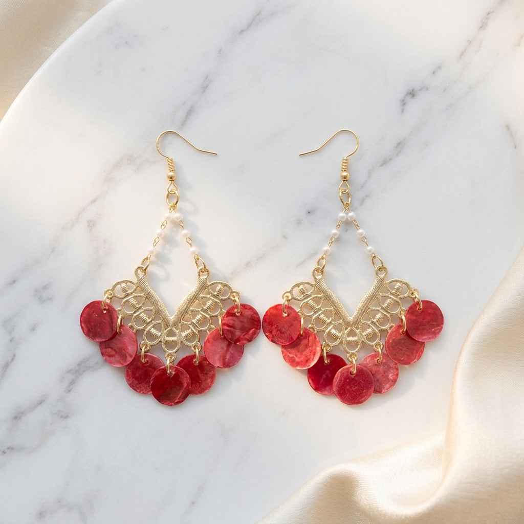 Resort Style Red Shell Tassel Drop Earrings | Handmade Bohemian Gold Pearl Chain Chandelier Earrings - ZI FASHION
