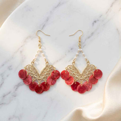 Resort Style Red Shell Tassel Drop Earrings | Handmade Bohemian Gold Pearl Chain Chandelier Earrings - ZI FASHION