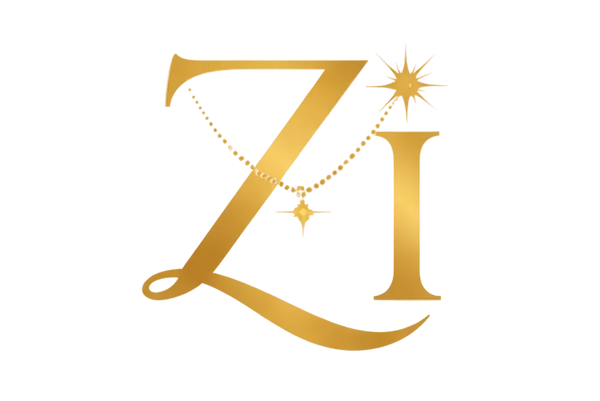 Gold letters Z and I are styled together on a white background. A gold beaded chain with two star-like pendants drapes from the top of the Z to the top of the I.