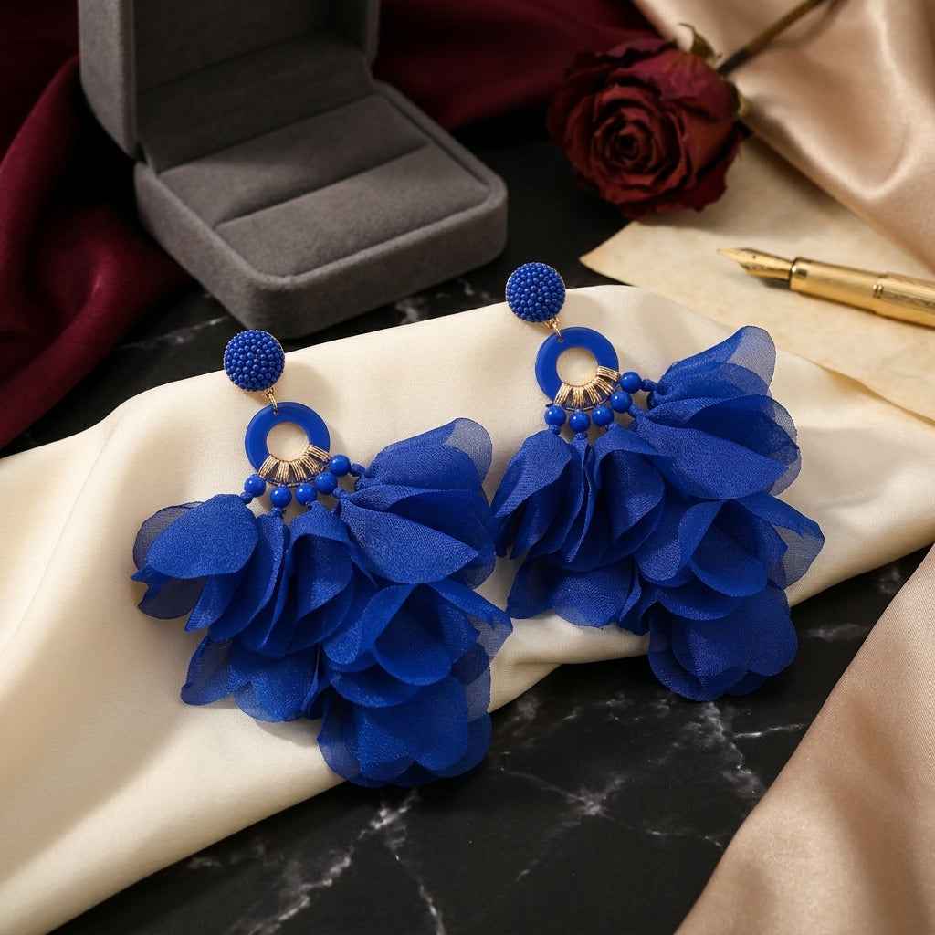 Royal Blue Petal Tassel Earrings | Oversized Fabric Flower Statement Earrings - ZI FASHION