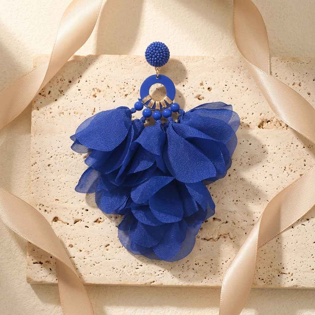 Royal Blue Petal Tassel Earrings | Oversized Fabric Flower Statement Earrings - ZI FASHION