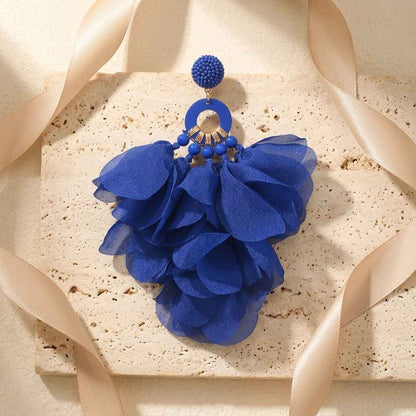 Royal Blue Petal Tassel Earrings | Oversized Fabric Flower Statement Earrings - ZI FASHION