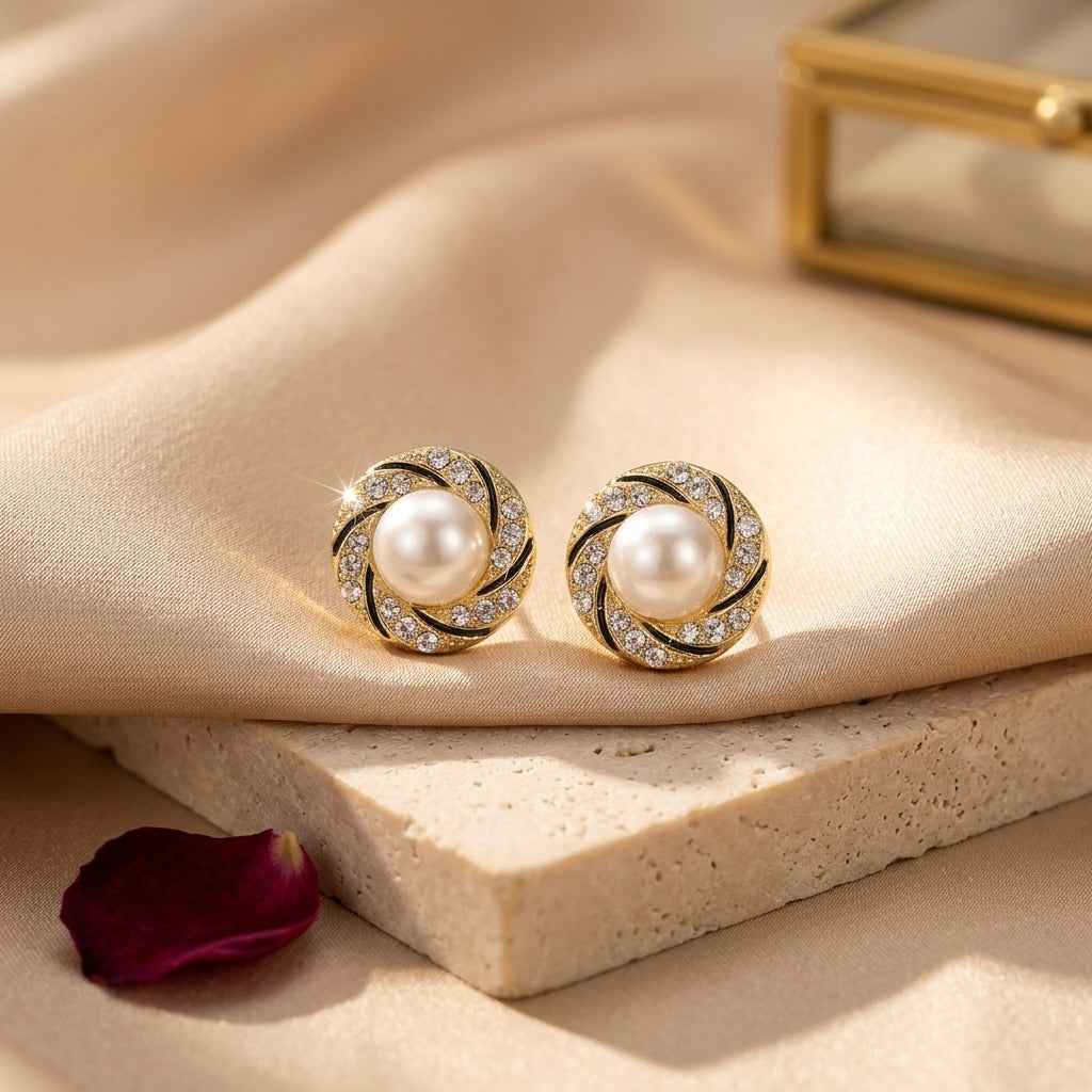 Spiral Pearl Crystal Stud Earrings - ZI FASHION