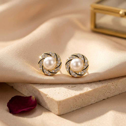 Spiral Pearl Crystal Stud Earrings - ZI FASHION