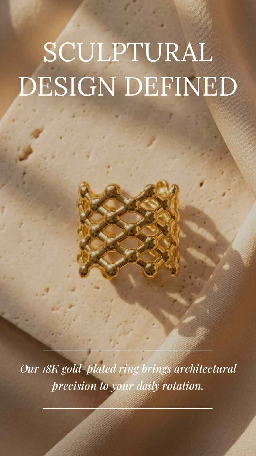 The Aurum Honeycomb Ring | 18K PVD Gold Sculptural Mesh Cuff - ZI FASHION