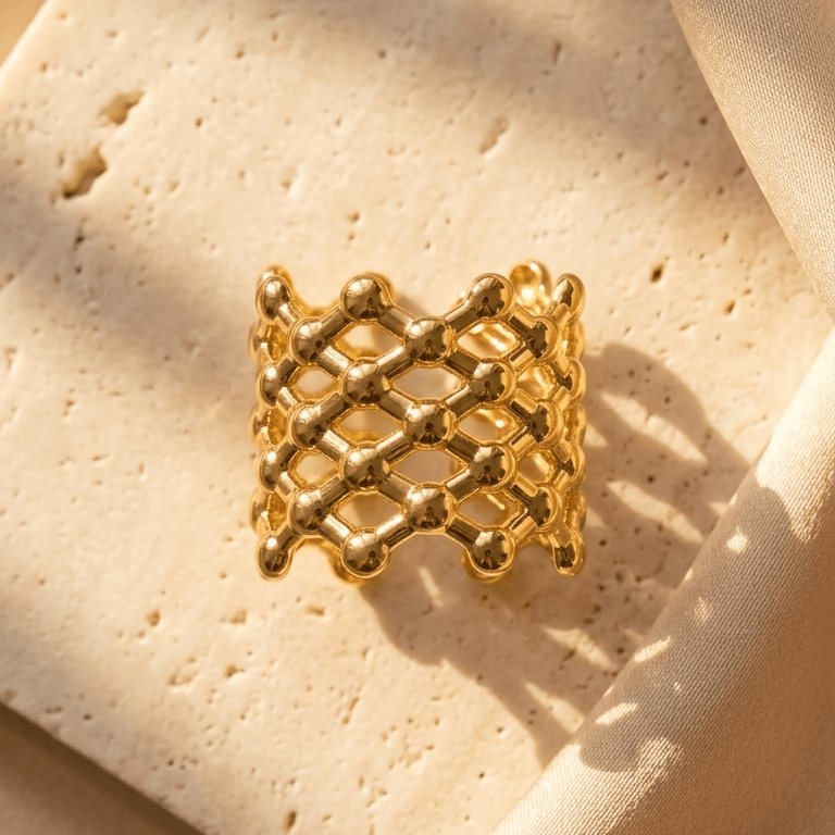 The Aurum Honeycomb Ring | 18K PVD Gold Sculptural Mesh Cuff - ZI FASHION