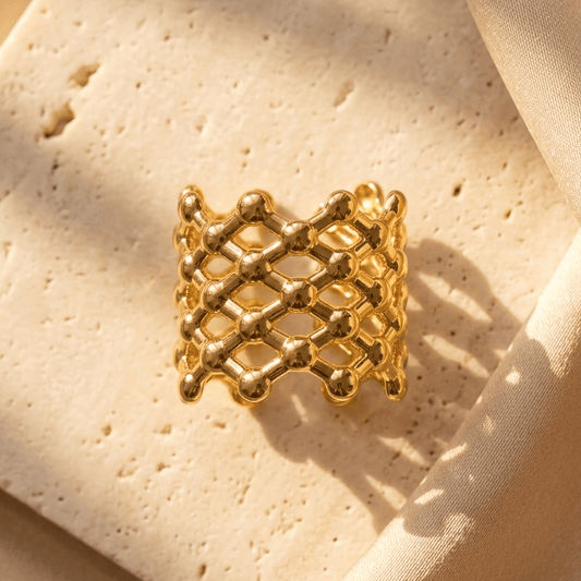 The Aurum Honeycomb Ring | 18K PVD Gold Sculptural Mesh Cuff - ZI FASHION