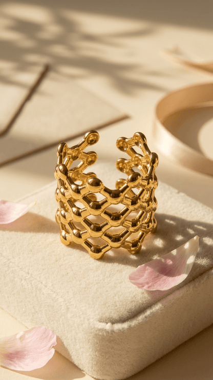 The Aurum Honeycomb Ring | 18K PVD Gold Sculptural Mesh Cuff - ZI FASHION