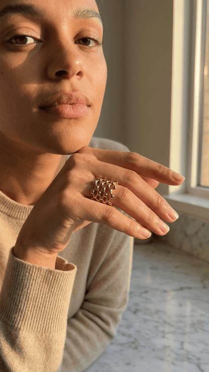 The Aurum Honeycomb Ring | 18K PVD Gold Sculptural Mesh Cuff - ZI FASHION